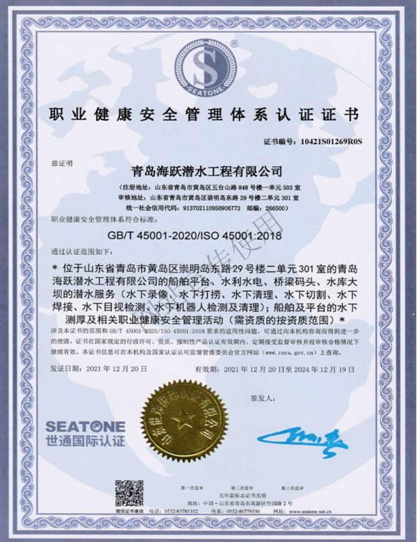 職業(yè)健康安全管理體系認(rèn)證證書